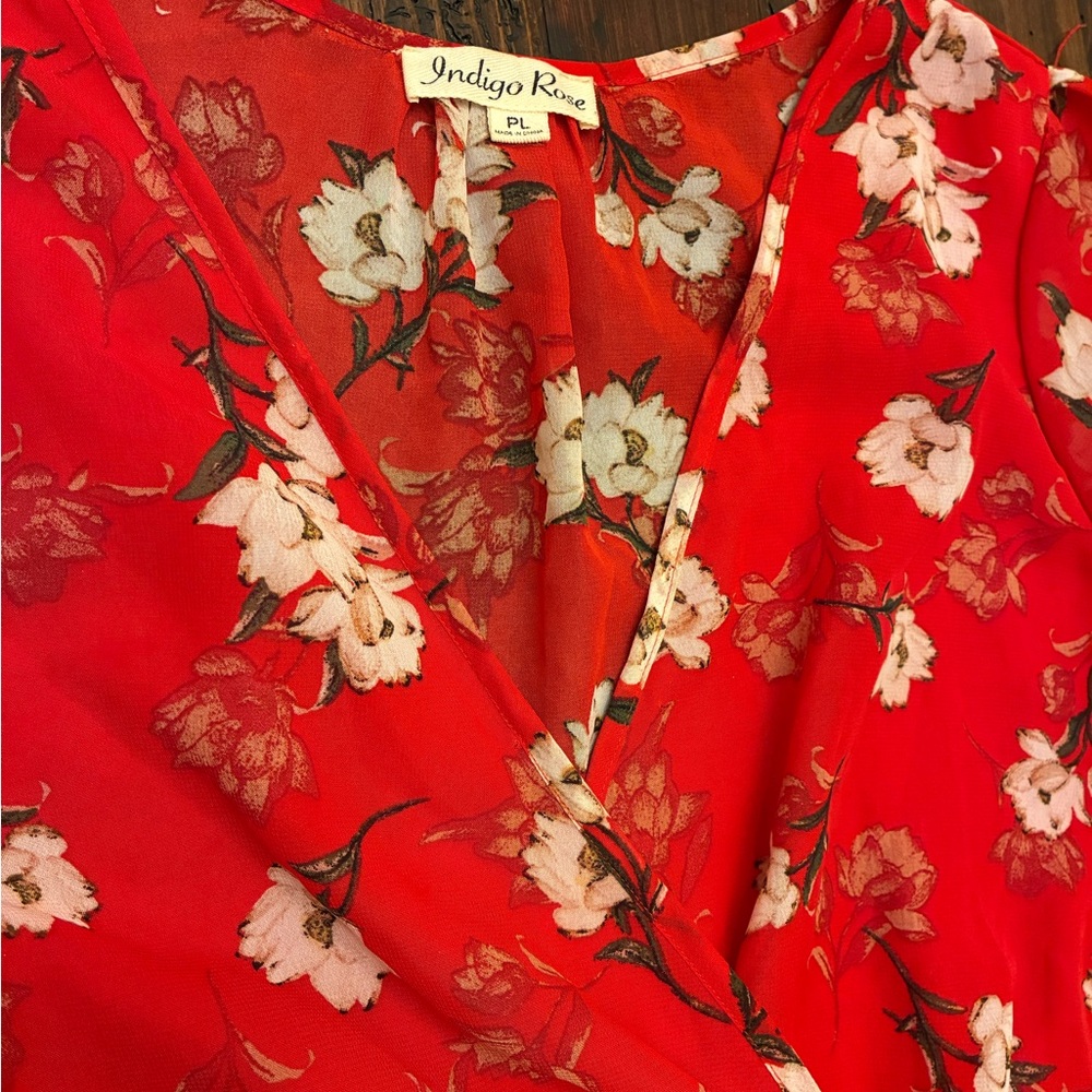 Red Floral Pleated Long Sleeve Chiffon Midi Dress Women's Size Petite Large - Picture 2 of 2